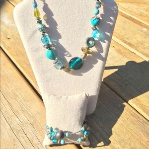 NWOT Turquoise/Silver/Glass Necklace&Bracelet Set